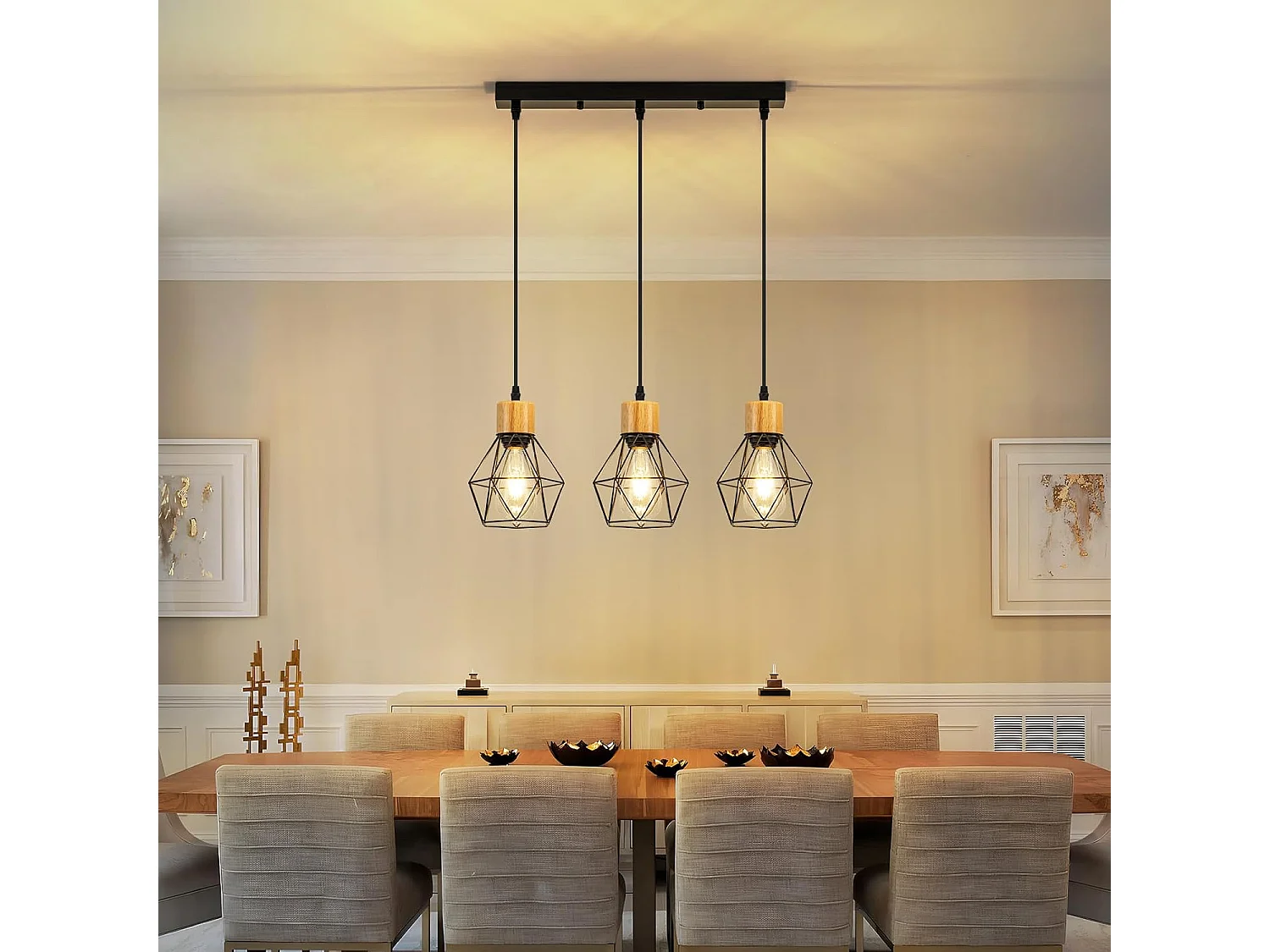 Lampa wisząca Nettlife w stylu vintage nad stół jadalny – lampa jadalniana retro z trzema żarówkami E27, czarny metalowy klosz (żarówki nie są dołączone)