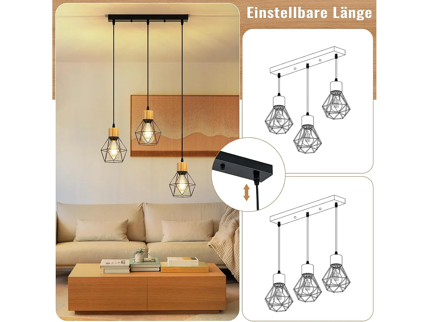 Lampa wisząca Nettlife w stylu vintage nad stół jadalny – lampa jadalniana retro z trzema żarówkami E27, czarny metalowy klosz (żarówki nie są dołączone)