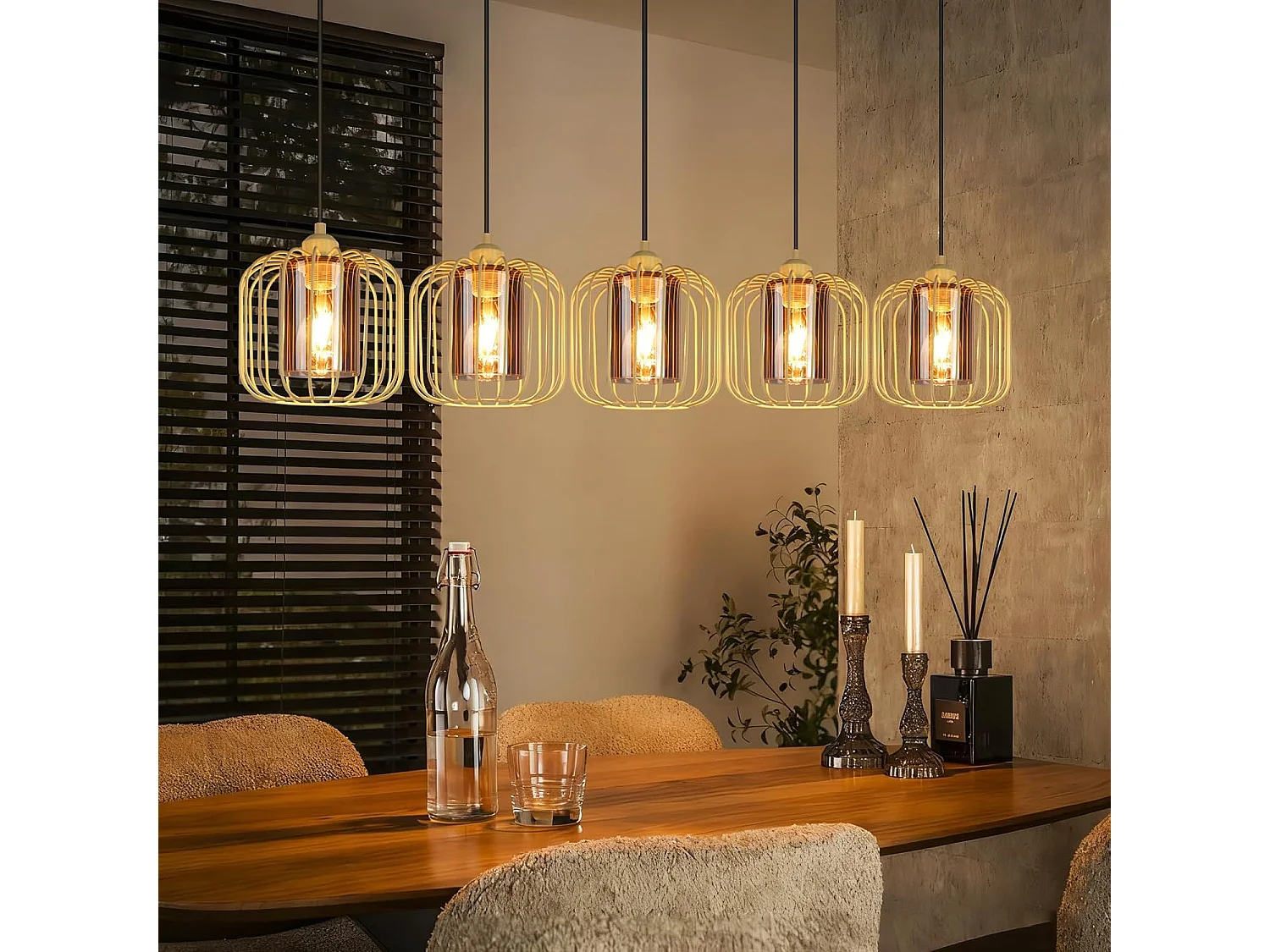 Nettlife Suspension Vintage 5 Lumières, Lustre Salle à Manger en Verre et Métal, Rétro E27 Réglable en Hauteur, Éclairage (sans Ampoules)