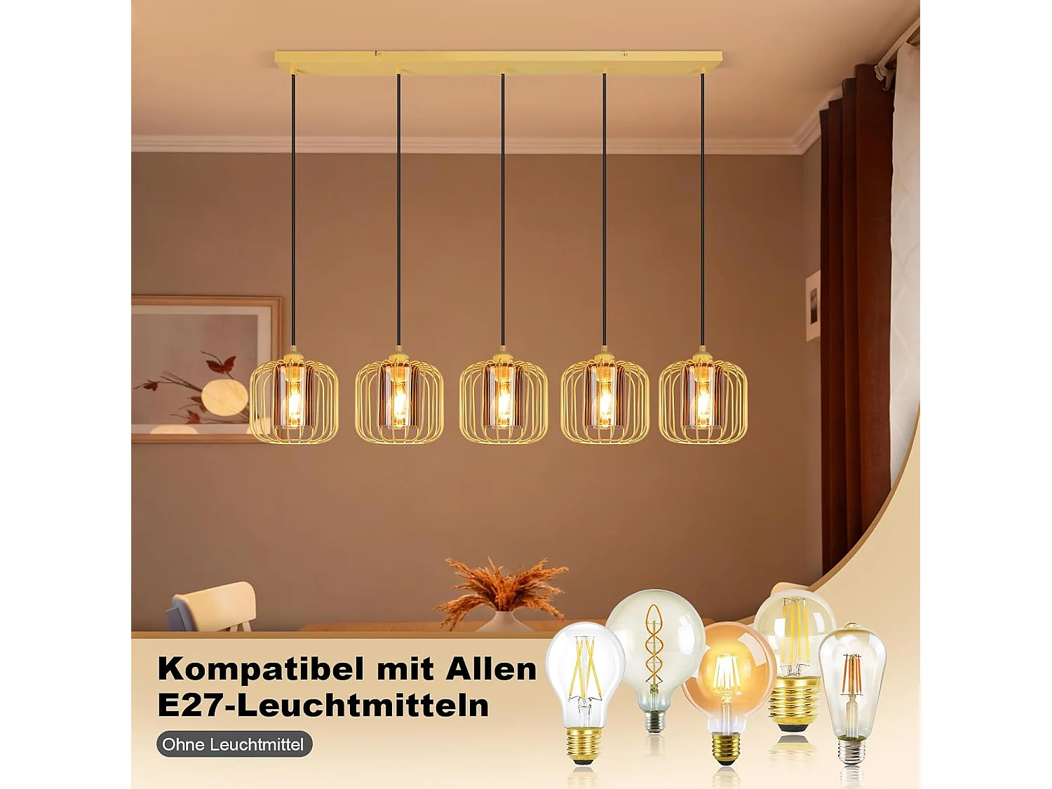 Nettlife Suspension Vintage 5 Lumières, Lustre Salle à Manger en Verre et Métal, Rétro E27 Réglable en Hauteur, Éclairage (sans Ampoules)