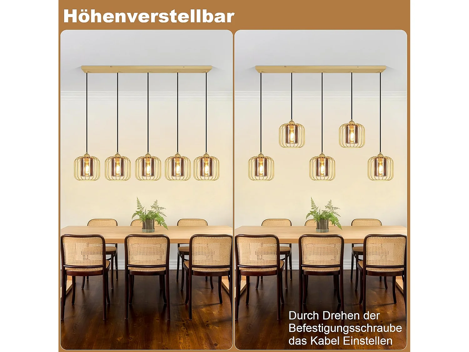 Nettlife Suspension Vintage 5 Lumières, Lustre Salle à Manger en Verre et Métal, Rétro E27 Réglable en Hauteur, Éclairage (sans Ampoules)