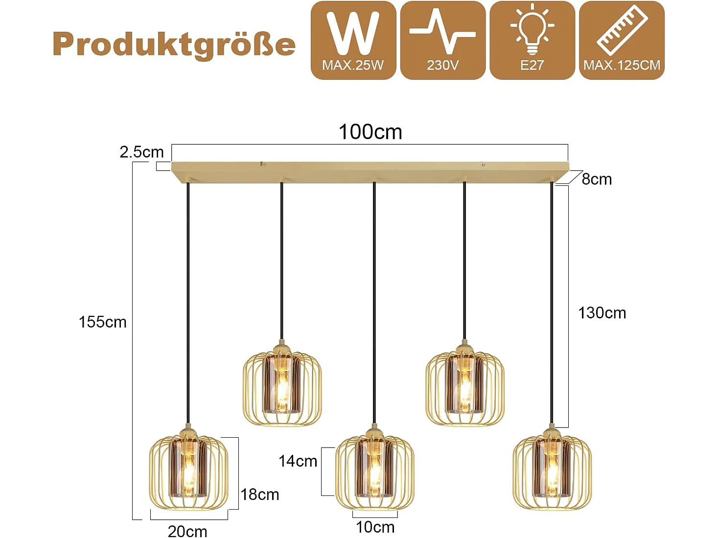 Nettlife Suspension Vintage 5 Lumières, Lustre Salle à Manger en Verre et Métal, Rétro E27 Réglable en Hauteur, Éclairage (sans Ampoules)