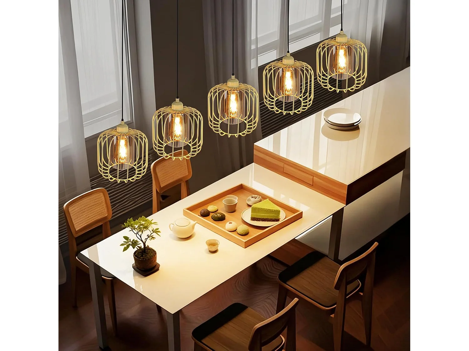 Nettlife Suspension Vintage 5 Lumières, Lustre Salle à Manger en Verre et Métal, Rétro E27 Réglable en Hauteur, Éclairage (sans Ampoules)