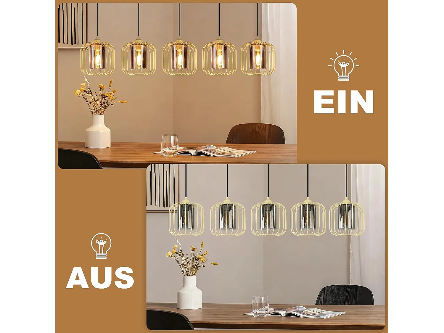 Nettlife Vintage 5-lichts hanglamp, glazen en metalen kroonluchter voor de eetkamer, retro E27 in hoogte verstelbare verlichting (lampen niet inbegrepen)