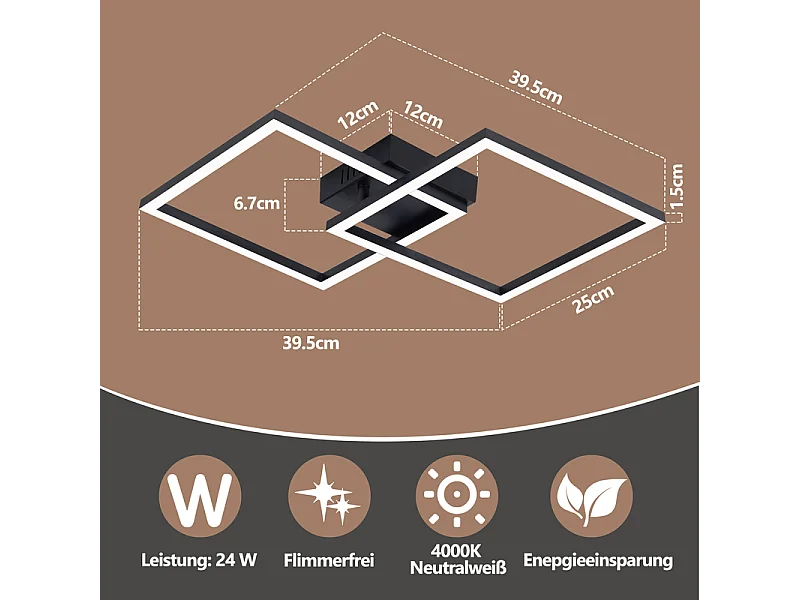 Nettlife LED-Deckenleuchte für Schlafzimmer – Schwarze Wohnzimmerlampe 24 W, neutralweiße Küchenlampe 4000 K, modernes und verstellbares Design