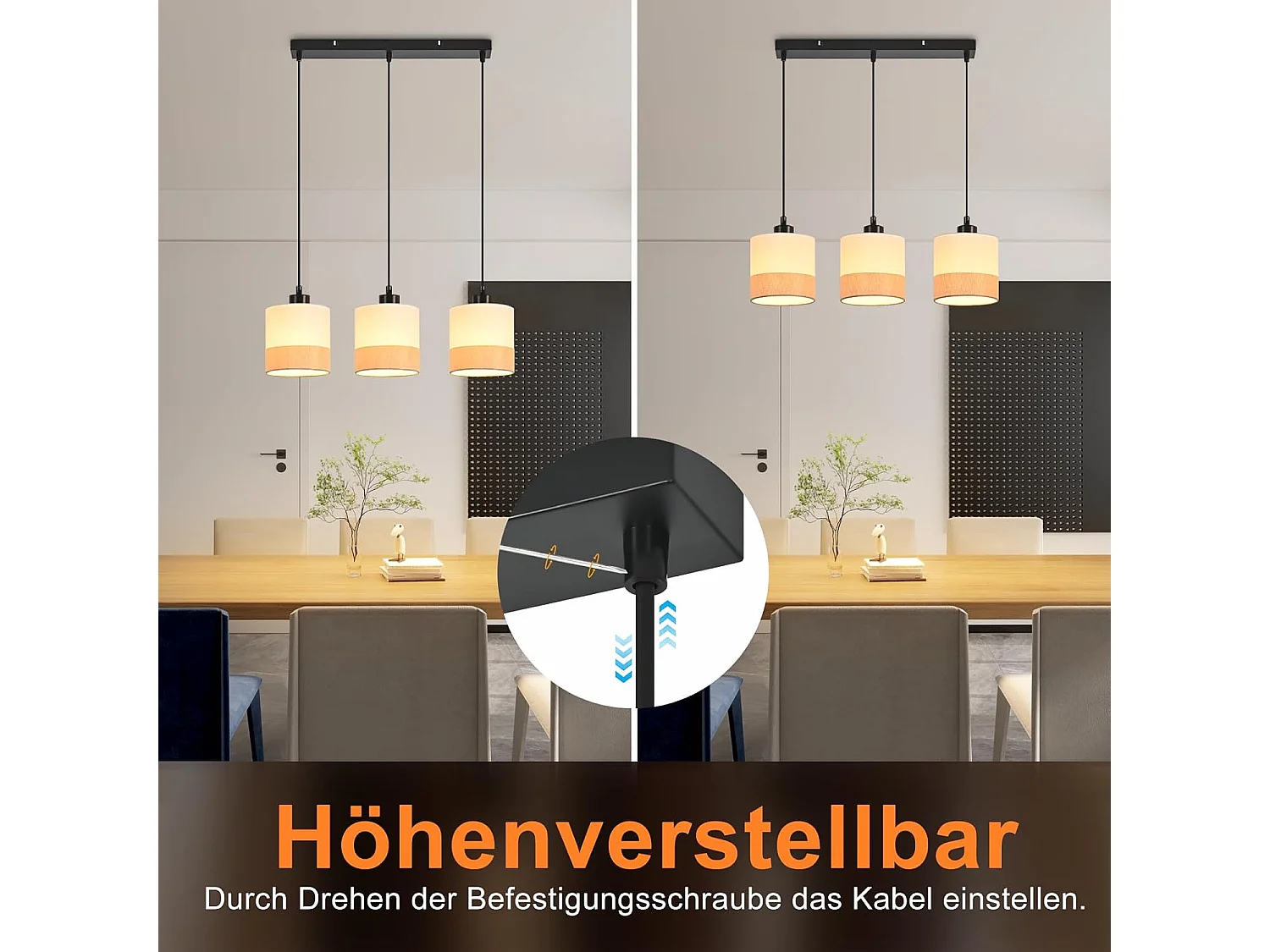 Nettlife Vintage Hanglamp voor de Eetkamer - 3-lichts stoffen hanglamp, in hoogte verstelbaar, retro E27 fitting, wit (lampen niet inbegrepen)