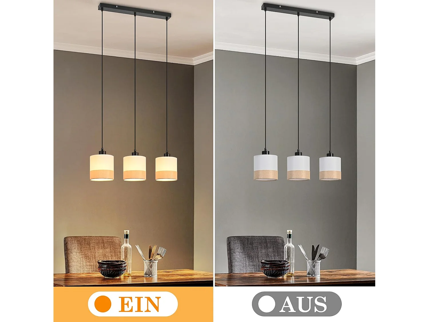 Nettlife Suspension vintage pour salle à manger - Lampe suspendue en tissu à 3 lumières, réglable en hauteur, rétro E27, blanc (Sans ampoules)