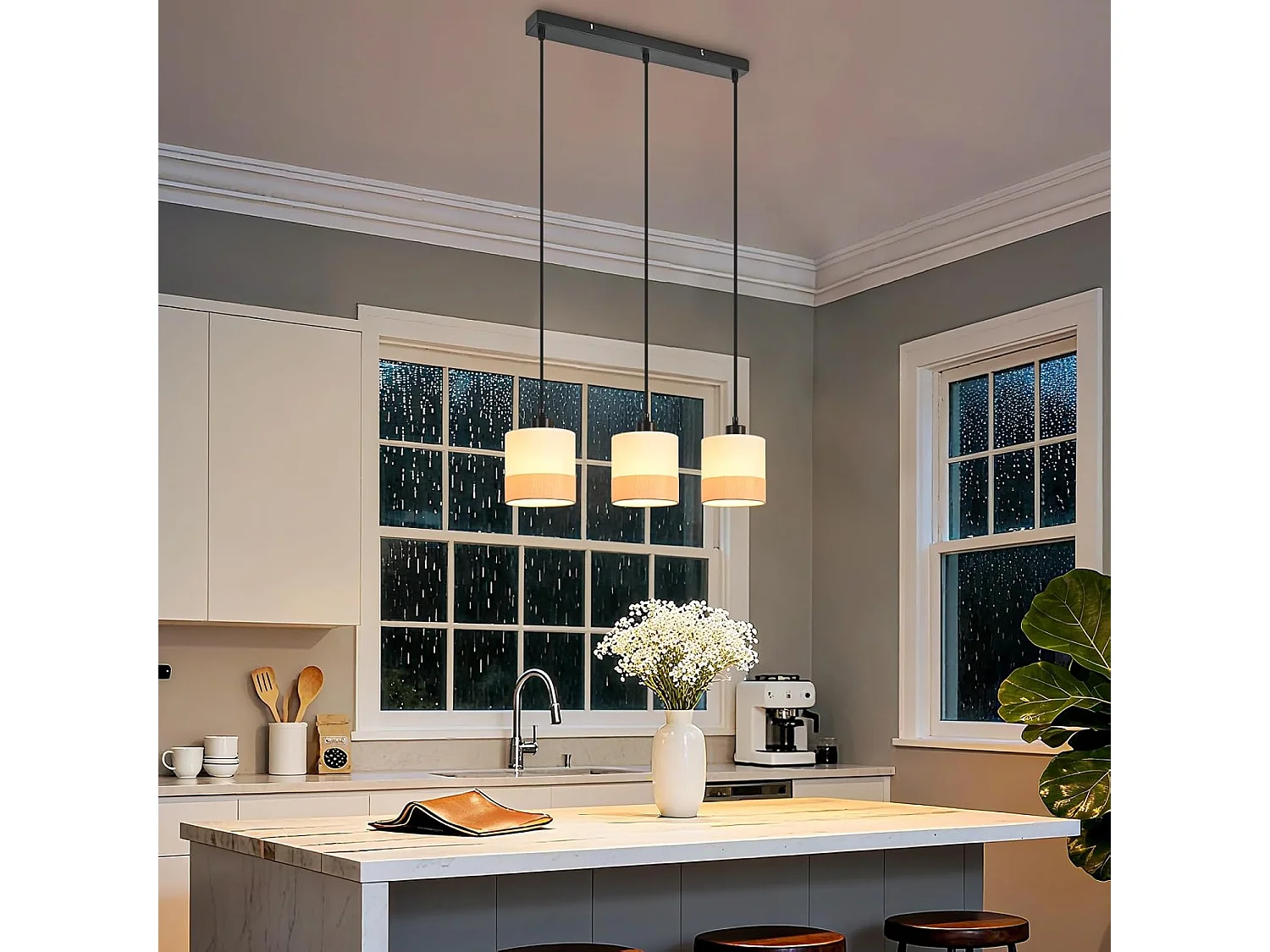 Nettlife Suspension vintage pour salle à manger - Lampe suspendue en tissu à 3 lumières, réglable en hauteur, rétro E27, blanc (Sans ampoules)