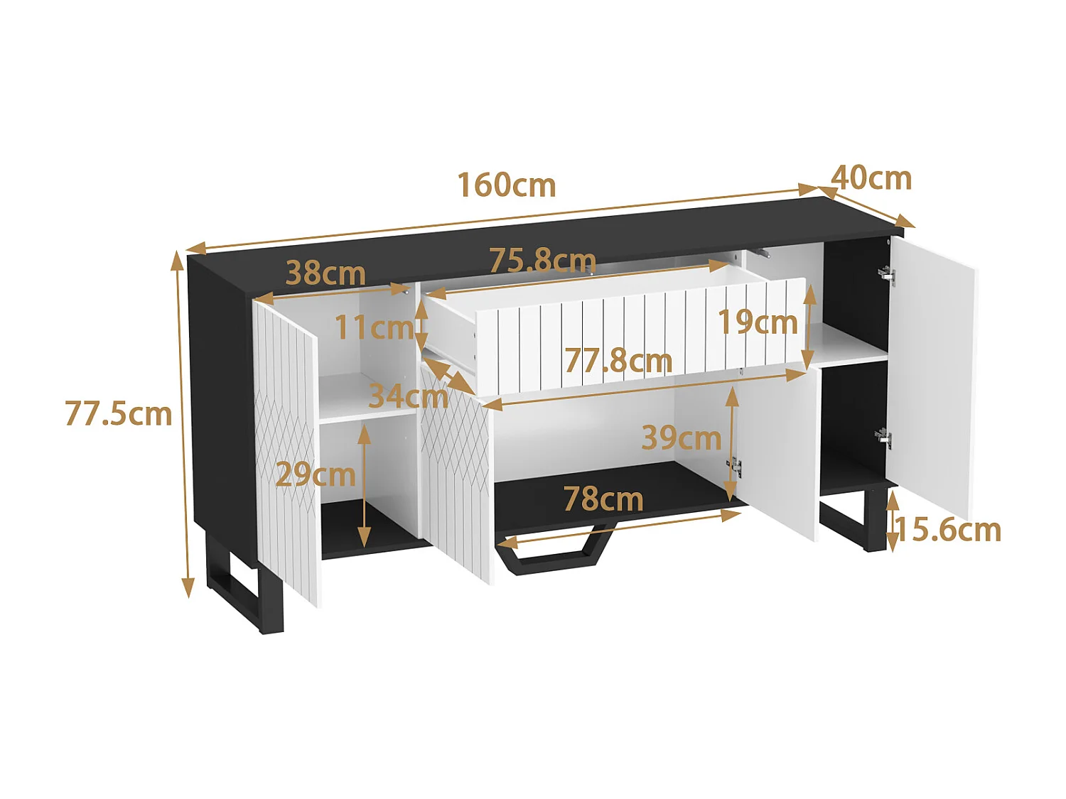 Buffet à motifs avec 4 Portes et 1 Tiroir, Meuble de Salon avec Plateau Laqué, Chambre et Salon, 160x40x77.5, Blanc et Noir