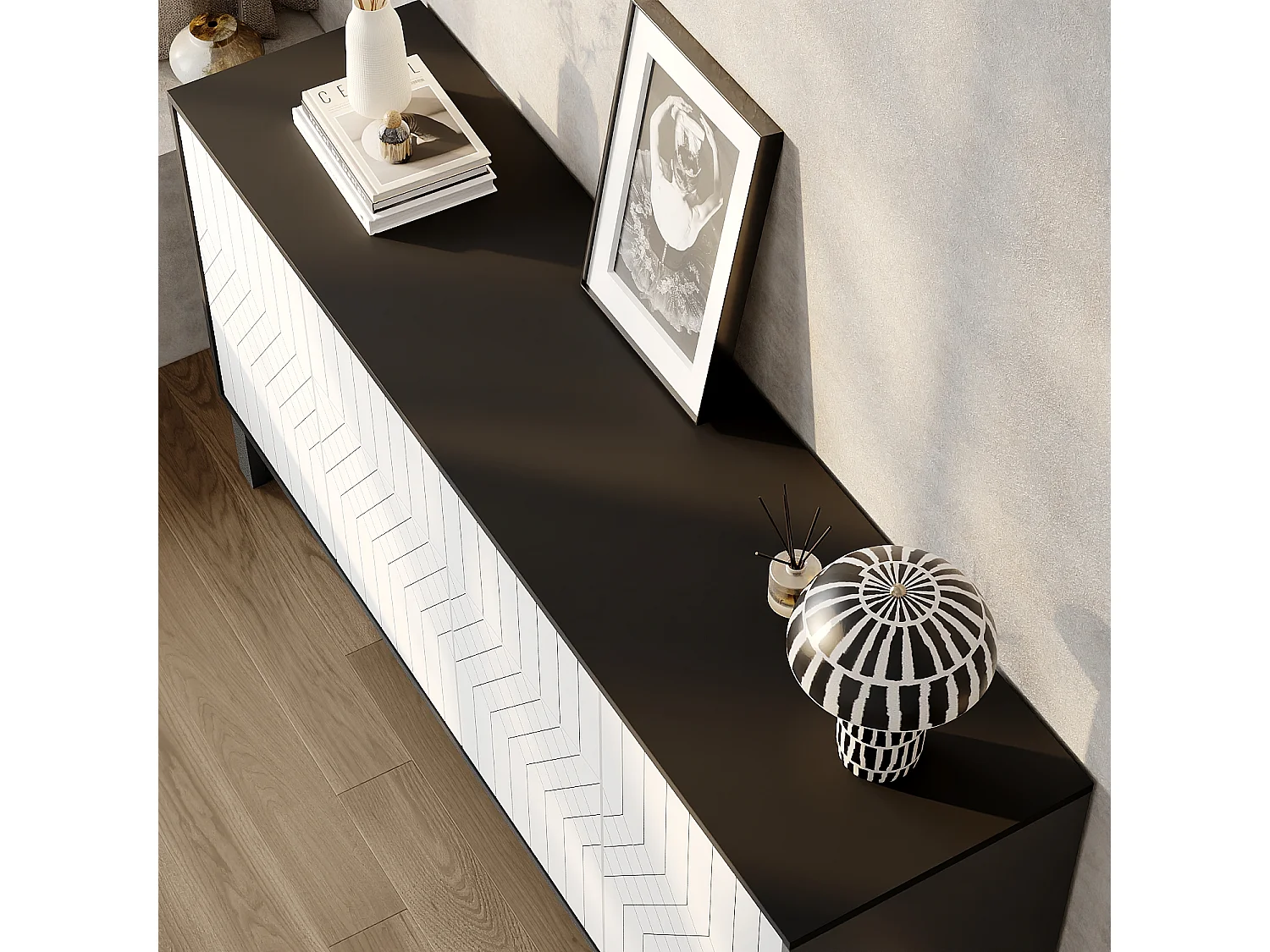 Buffet à motifs avec 4 Portes et 1 Tiroir, Meuble de Salon avec Plateau Laqué, Chambre et Salon, 160x40x77.5, Blanc et Noir