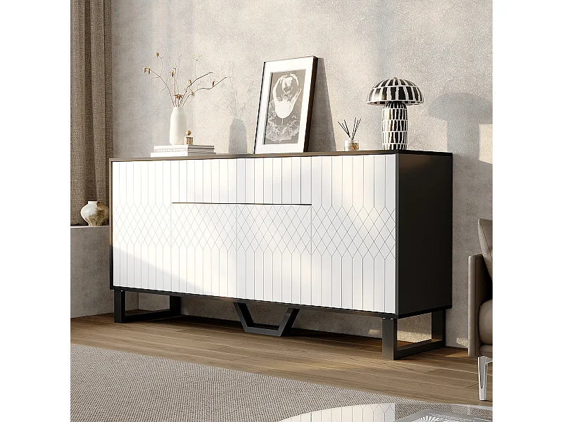 Buffet à motifs avec 4 Portes et 1 Tiroir, Meuble de Salon avec Plateau Laqué, Chambre et Salon, 160x40x77.5, Blanc et Noir