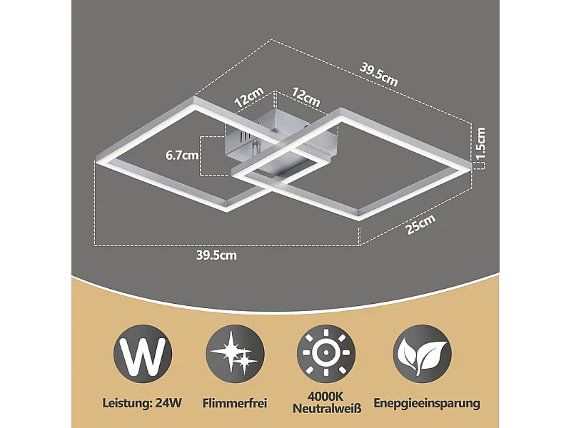 Lámpara de techo LED Nettlife para dormitorio - Lámpara plateada de 24 W, blanco neutro 4000 K, ajustable, diseño moderno
