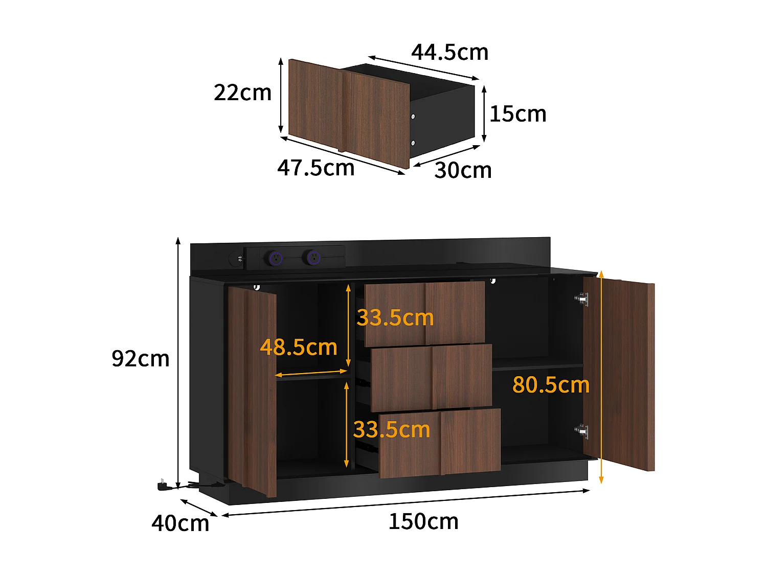 Buffet Bas avec 3 Tiroirs et 2 Portes pour Salon, Meuble de Salle à Manger avec Prise Coulissante et Aspect du Bois Café, 150x40x92