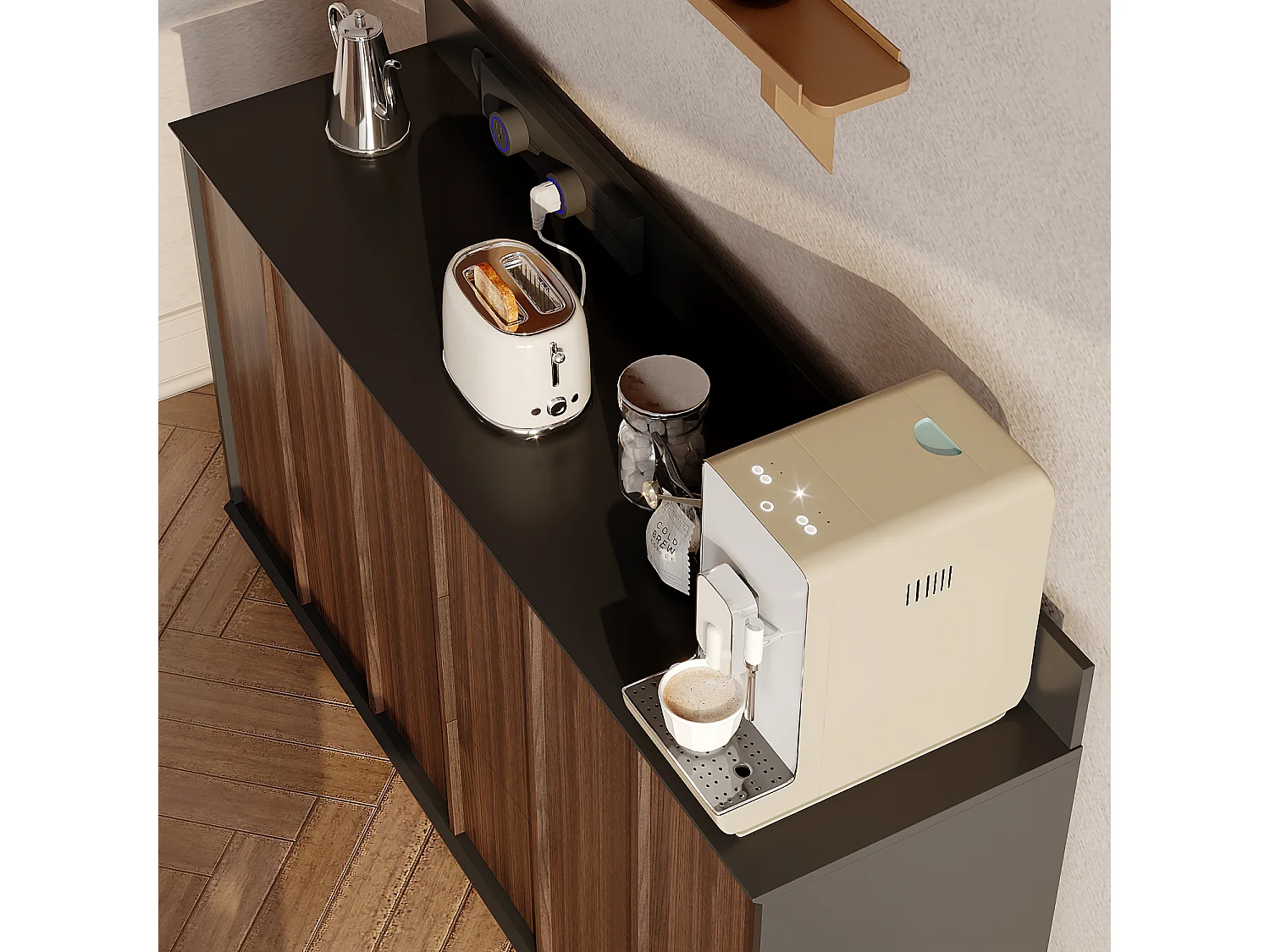 Buffet Bas avec 3 Tiroirs et 2 Portes pour Salon, Meuble de Salle à Manger avec Prise Coulissante et Aspect du Bois Café, 150x40x92