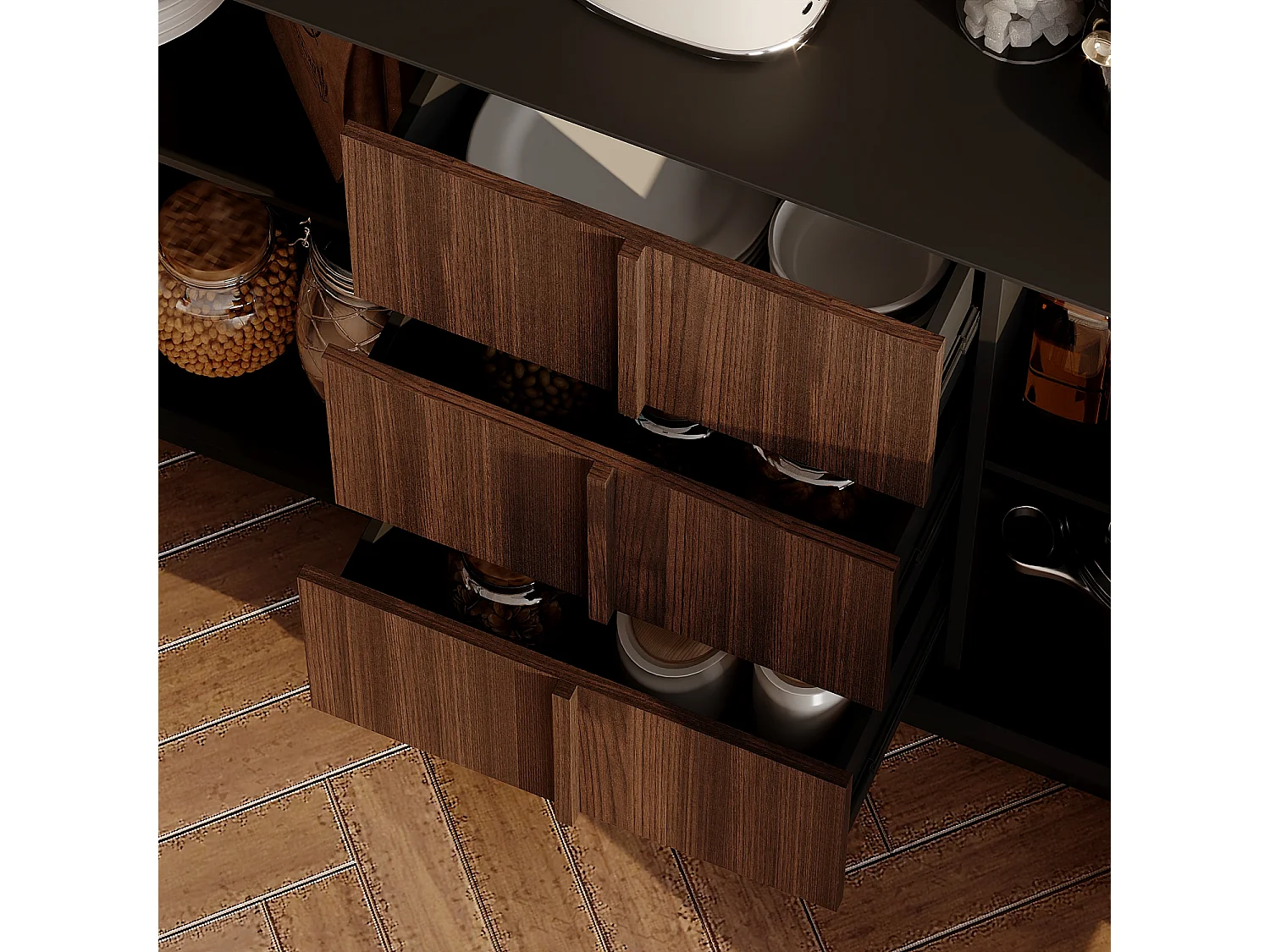 Buffet Bas avec 3 Tiroirs et 2 Portes pour Salon, Meuble de Salle à Manger avec Prise Coulissante et Aspect du Bois Café, 150x40x92