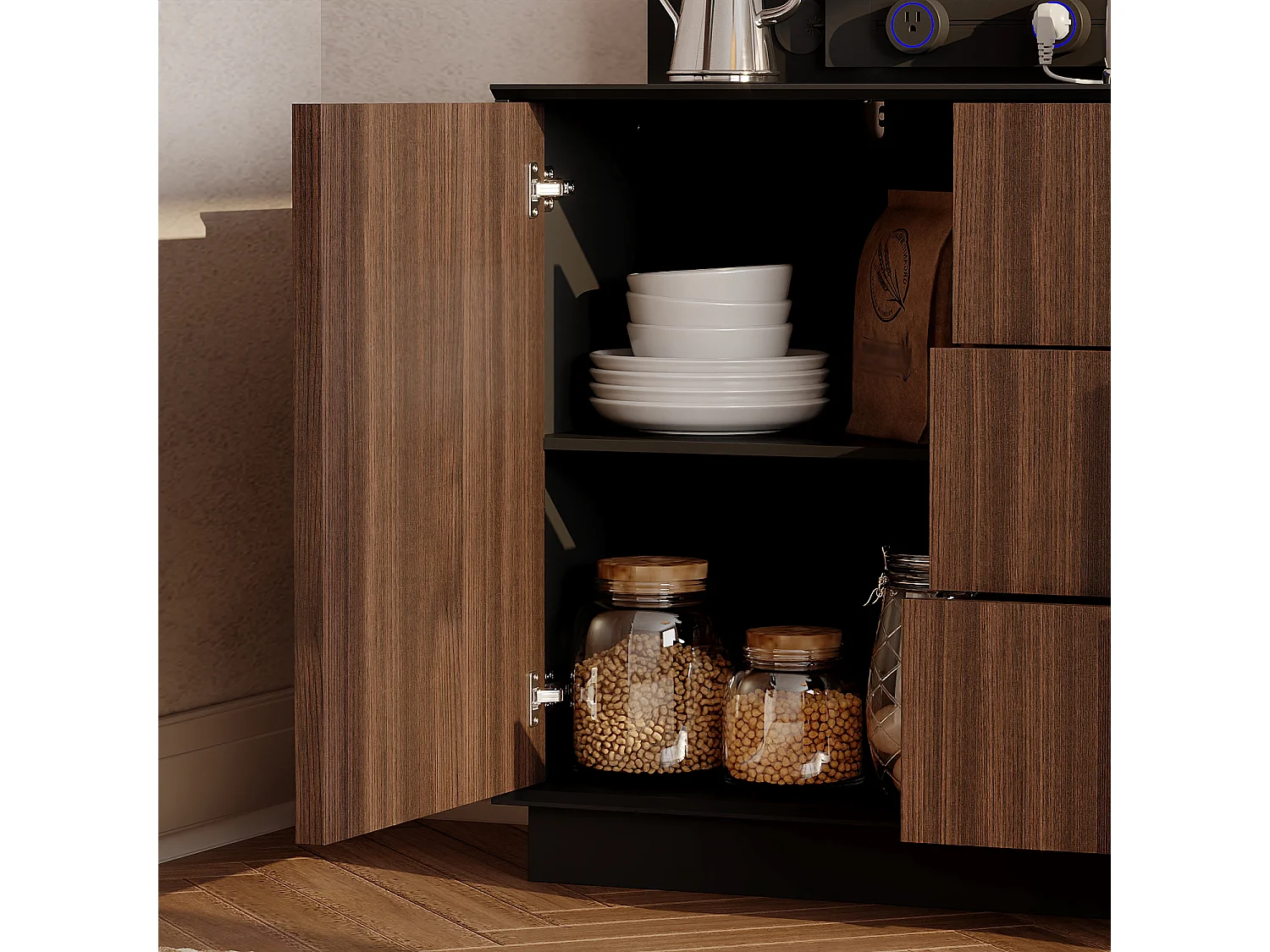 Buffet Bas avec 3 Tiroirs et 2 Portes pour Salon, Meuble de Salle à Manger avec Prise Coulissante et Aspect du Bois Café, 150x40x92