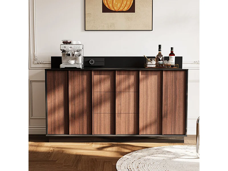 Buffet Bas avec 3 Tiroirs et 2 Portes pour Salon, Meuble de Salle à Manger avec Prise Coulissante et Aspect du Bois Café, 150x40x92