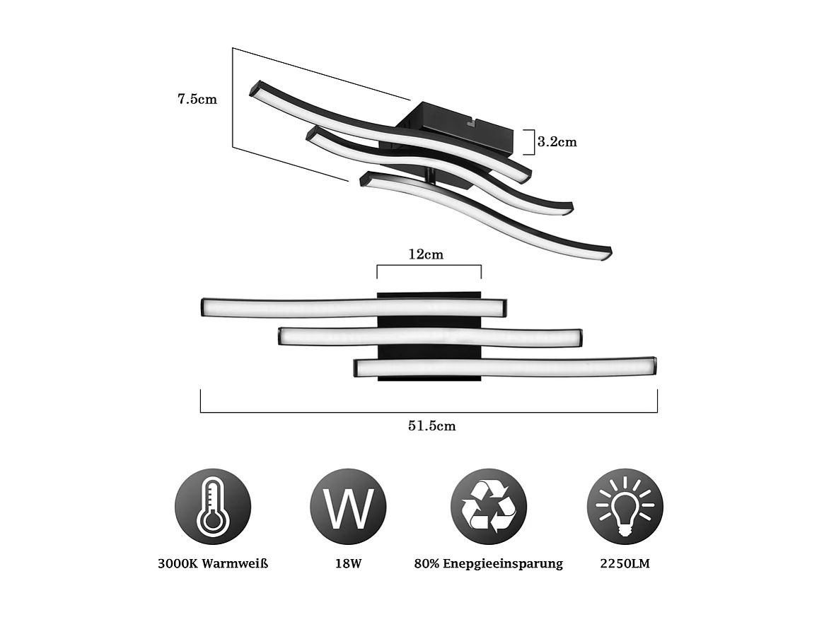Nettlife Plafonnier LED Design Vague Noir - 18W 3000K Blanc Chaud - Lampe Moderne pour Salon Chambre Cuisine Couloir