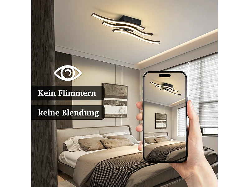 Nettlife Plafonnier LED Design Vague Noir - 18W 3000K Blanc Chaud - Lampe Moderne pour Salon Chambre Cuisine Couloir
