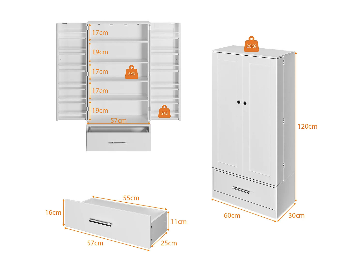 Buffet de Cuisine 2 portes à 12 étagères et Tiroir, Armoire à 5 Niveaux et étagère réglable pour Cuisine, 60x30x120, Blanc