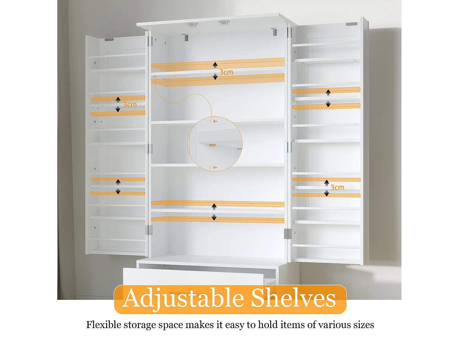 Buffet de Cuisine 2 portes à 12 étagères et Tiroir, Armoire à 5 Niveaux et étagère réglable pour Cuisine, 60x30x120, Blanc