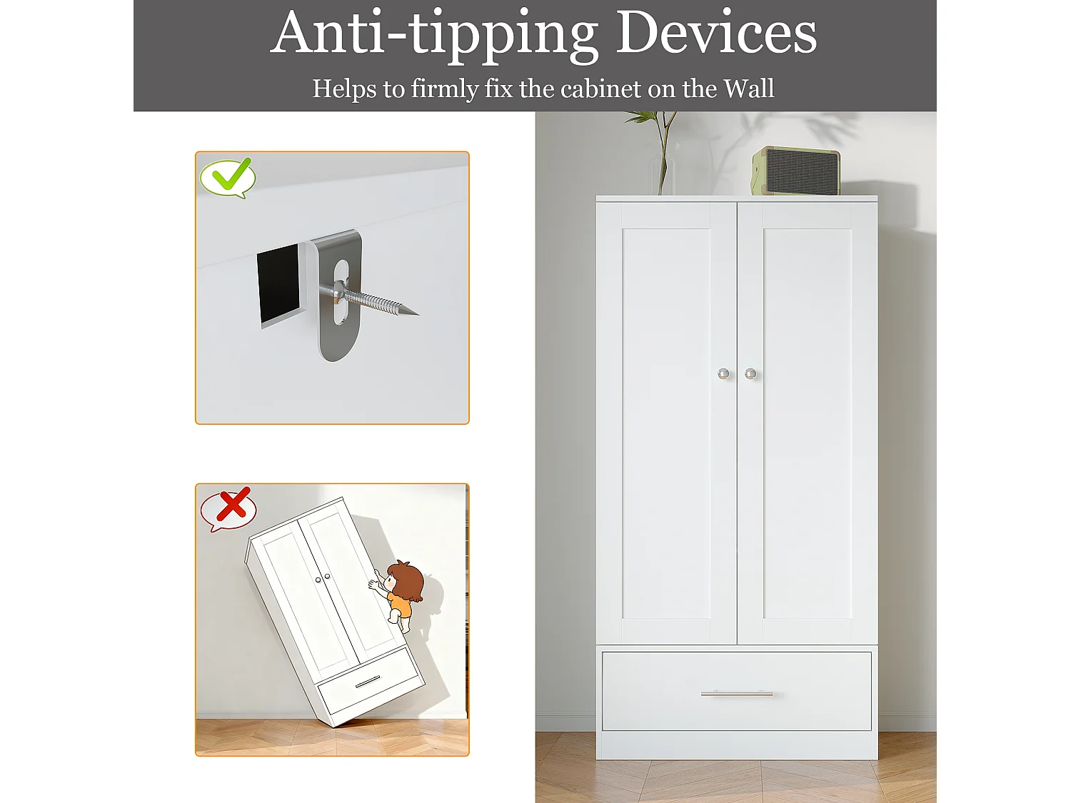 Buffet de Cuisine 2 portes à 12 étagères et Tiroir, Armoire à 5 Niveaux et étagère réglable pour Cuisine, 60x30x120, Blanc