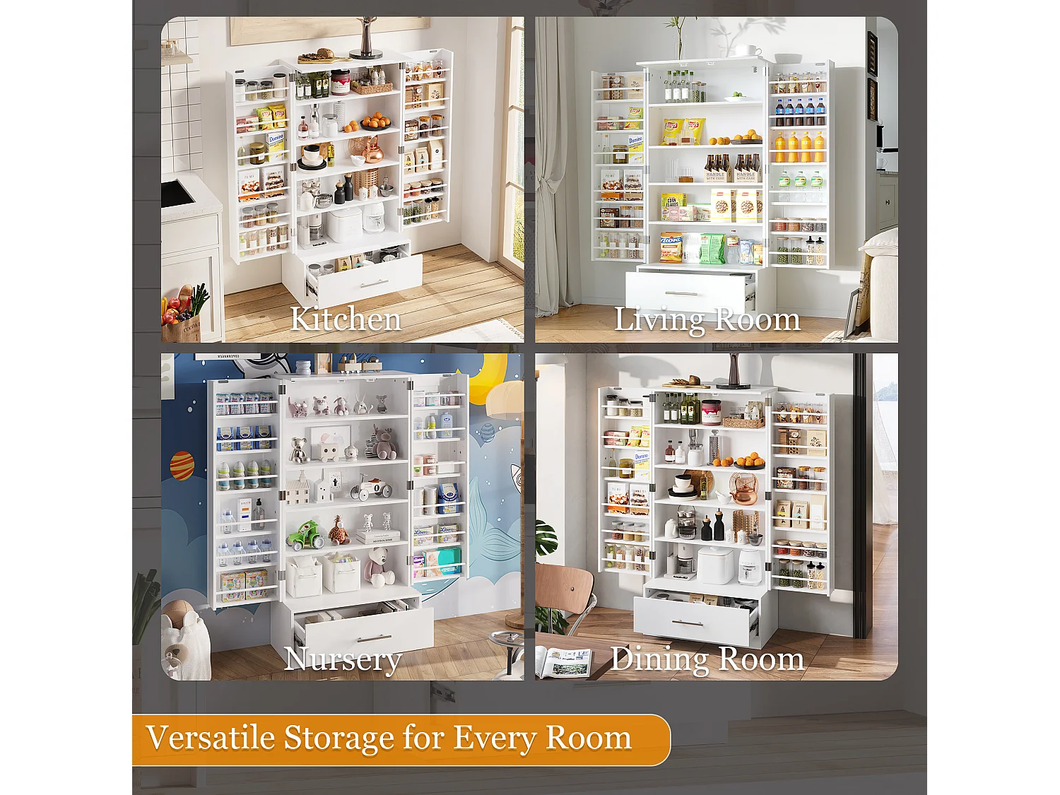 Buffet de Cuisine 2 portes à 12 étagères et Tiroir, Armoire à 5 Niveaux et étagère réglable pour Cuisine, 60x30x120, Blanc