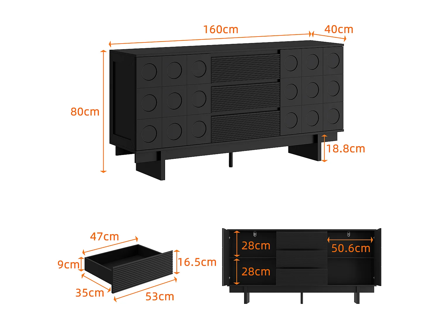 Buffet de Salon avec 2 Portes et 3 Tiroirs, Meuble de Salon Sculpté avec Etagères Réglables, 160x40x80, Noir