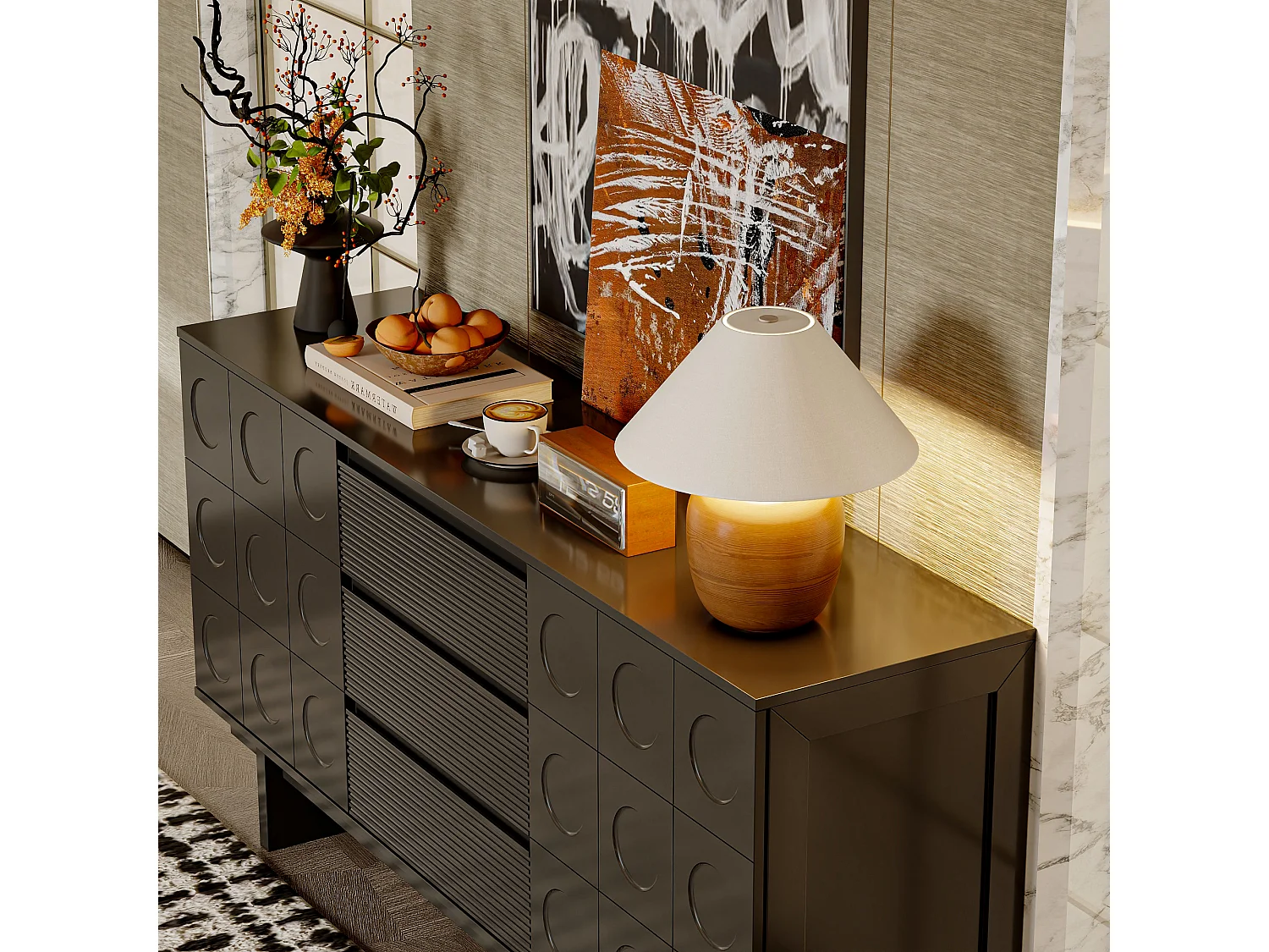 Buffet de Salon avec 2 Portes et 3 Tiroirs, Meuble de Salon Sculpté avec Etagères Réglables, 160x40x80, Noir