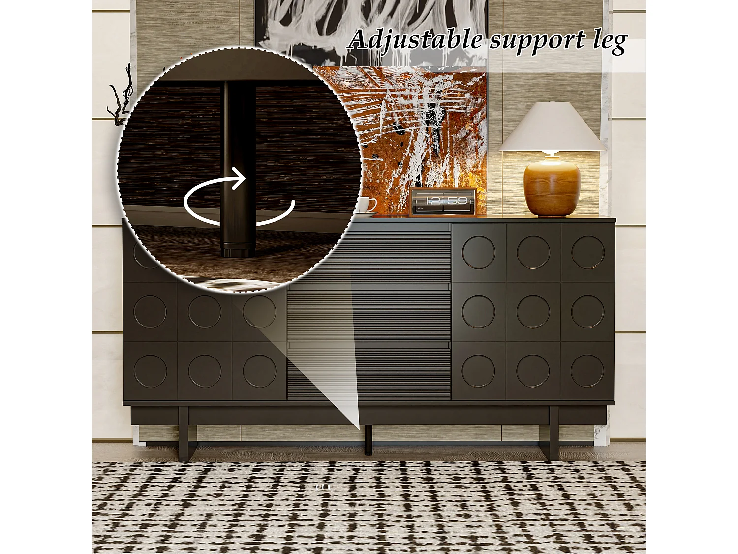 Buffet de Salon avec 2 Portes et 3 Tiroirs, Meuble de Salon Sculpté avec Etagères Réglables, 160x40x80, Noir