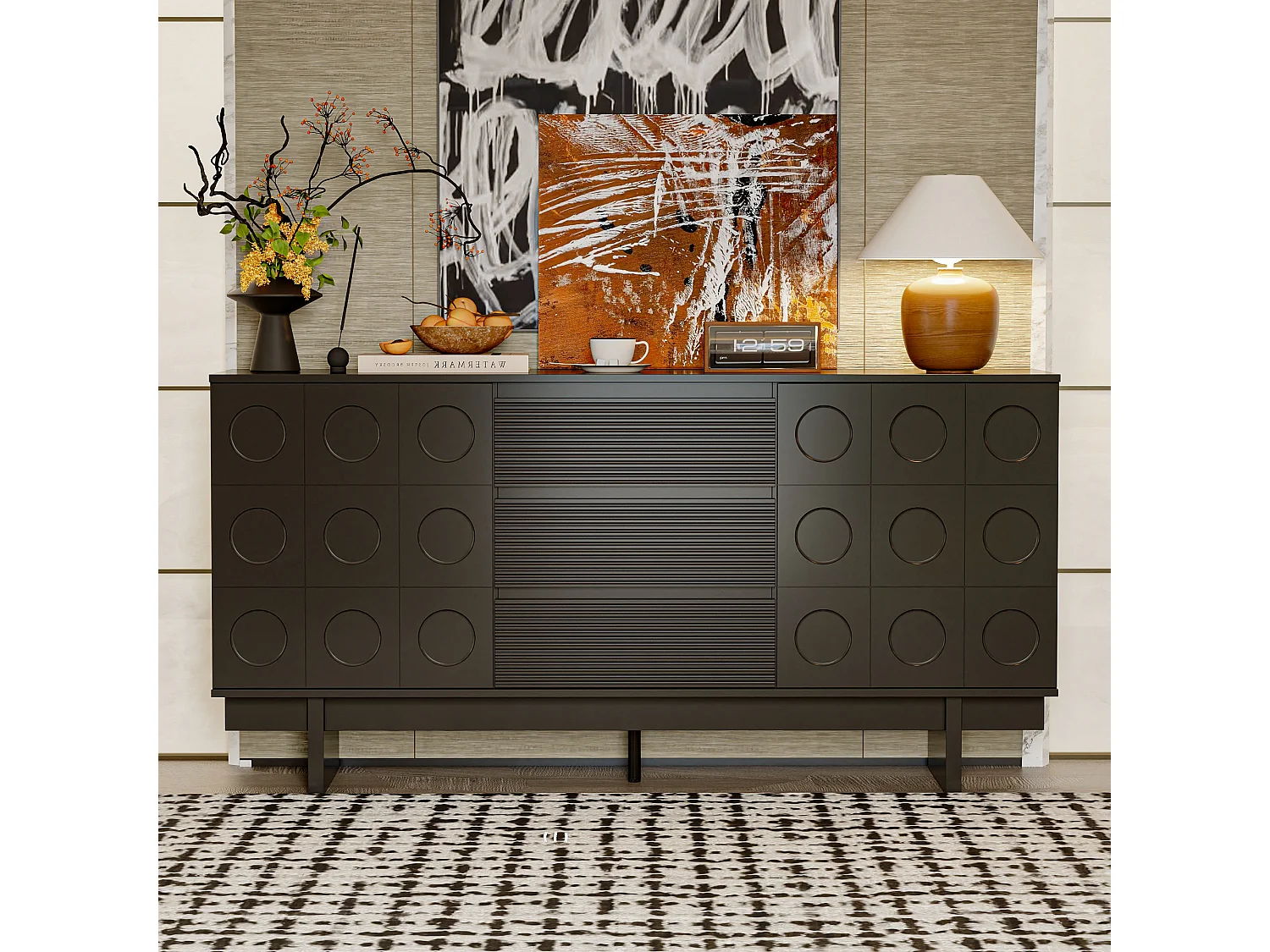 Buffet de Salon avec 2 Portes et 3 Tiroirs, Meuble de Salon Sculpté avec Etagères Réglables, 160x40x80, Noir