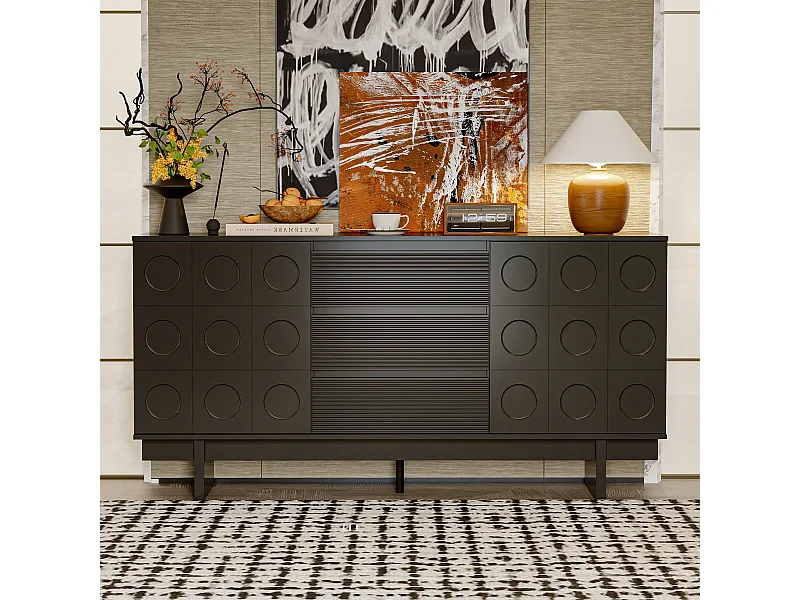 Buffet de Salon avec 2 Portes et 3 Tiroirs, Meuble de Salon Sculpté avec Etagères Réglables, 160x40x80, Noir