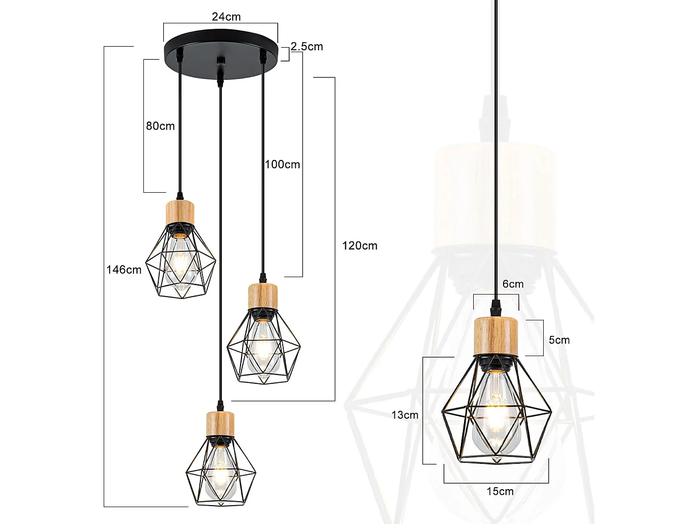 Lampa wisząca Nettlife Vintage Dining Table - 3-punktowa lampa wisząca E27, okrągła, czarna, industrialna lampa kuchenna w stylu retro (żarówki nie są dołączone)