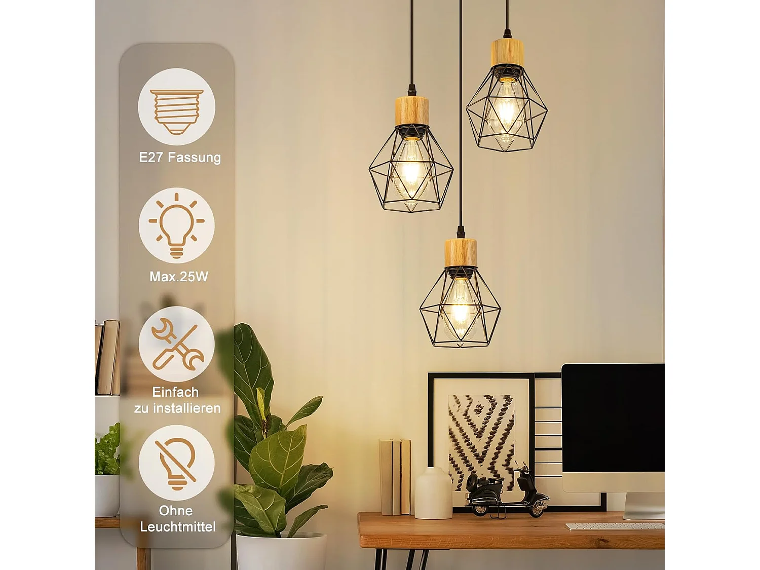 Lampa wisząca Nettlife Vintage Dining Table - 3-punktowa lampa wisząca E27, okrągła, czarna, industrialna lampa kuchenna w stylu retro (żarówki nie są dołączone)