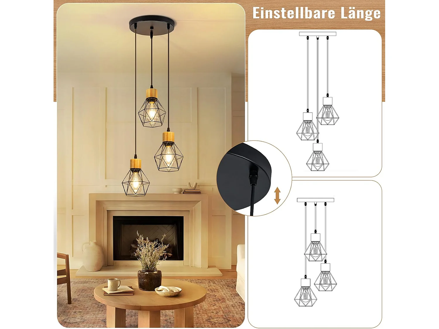 Lampa wisząca Nettlife Vintage Dining Table - 3-punktowa lampa wisząca E27, okrągła, czarna, industrialna lampa kuchenna w stylu retro (żarówki nie są dołączone)