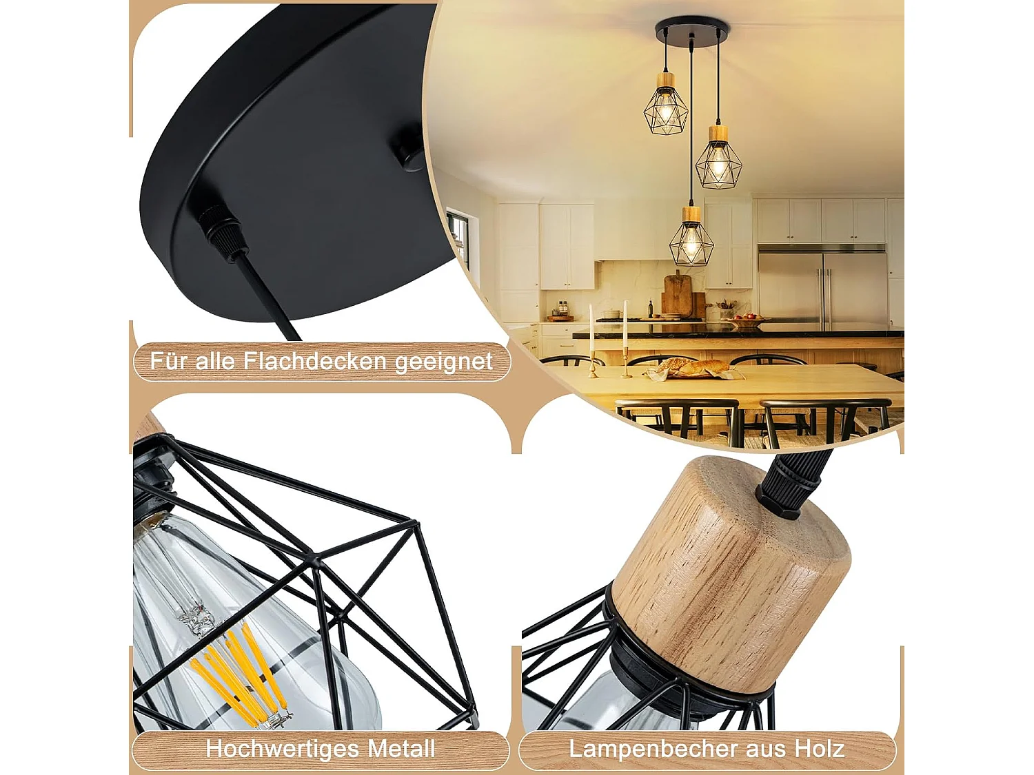 Lampa wisząca Nettlife Vintage Dining Table - 3-punktowa lampa wisząca E27, okrągła, czarna, industrialna lampa kuchenna w stylu retro (żarówki nie są dołączone)