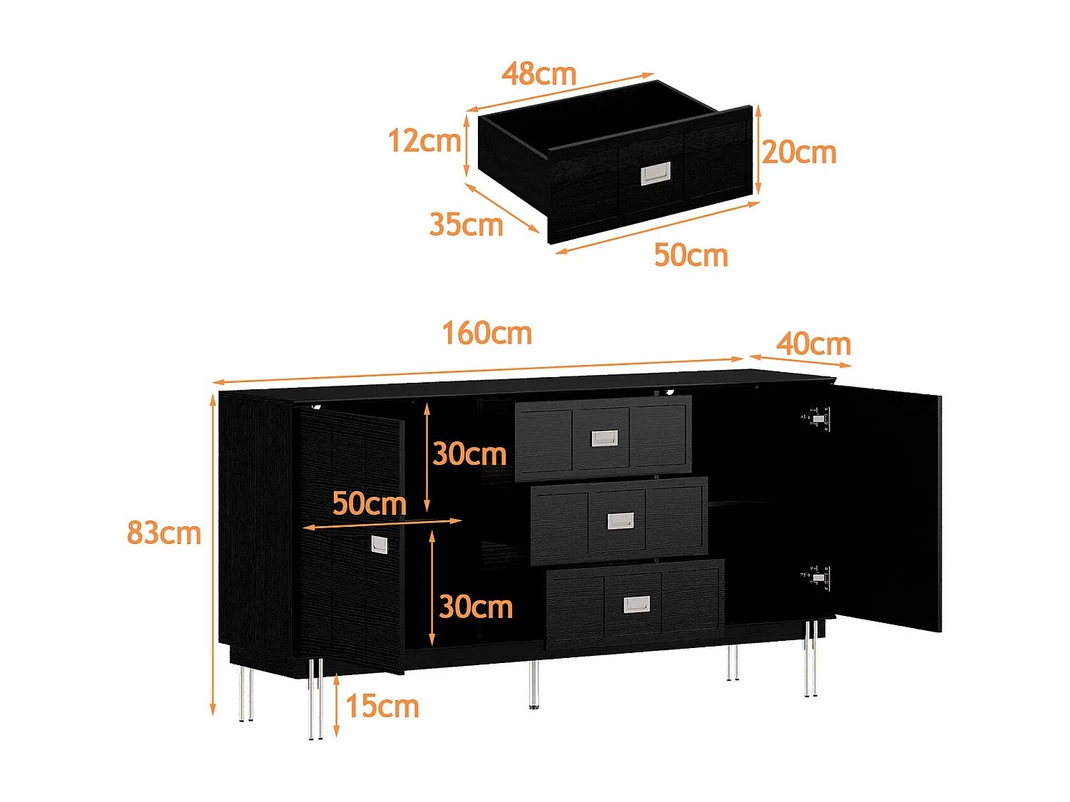 uffet de Salon avec 2 Portes et 3 Tiroirs, Meuble de Salon avec Pied Argenté et Etagères Réglables, 160x40x83, Noir
