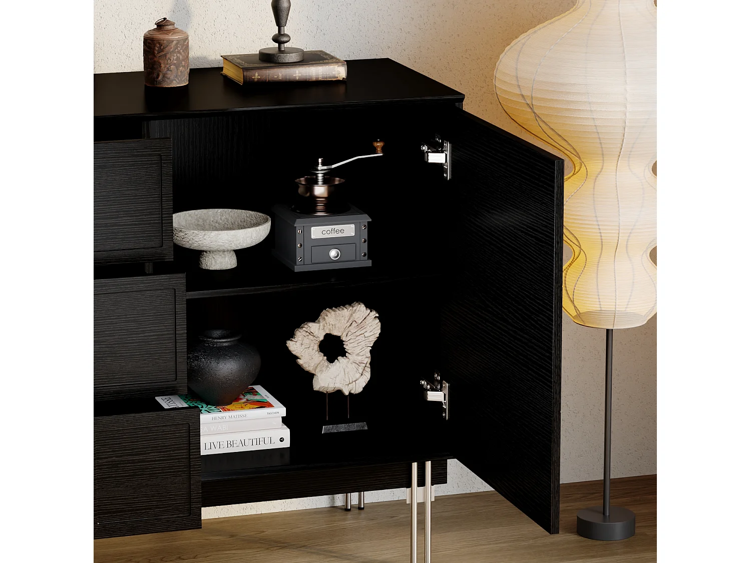 uffet de Salon avec 2 Portes et 3 Tiroirs, Meuble de Salon avec Pied Argenté et Etagères Réglables, 160x40x83, Noir