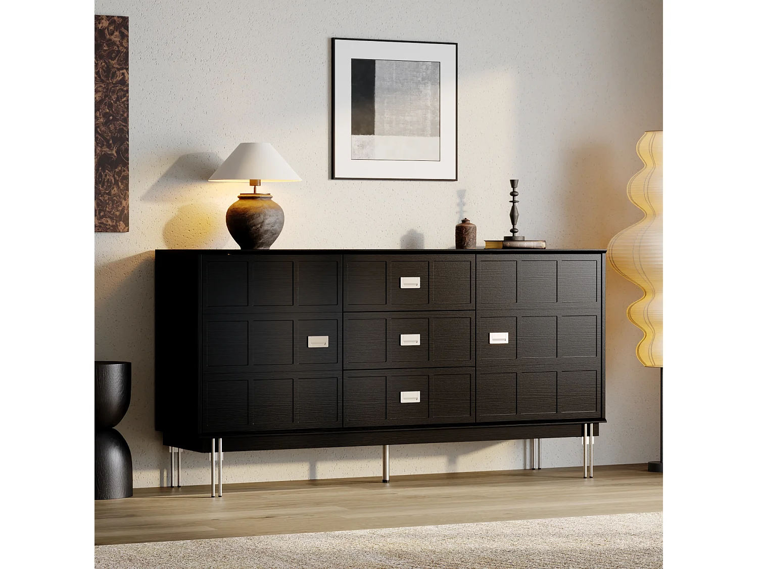 Buffet de Salon avec 2 Portes et 3 Tiroirs, Meuble de Salon avec Pied Argenté et Etagères Réglables, 160x40x83, Noir