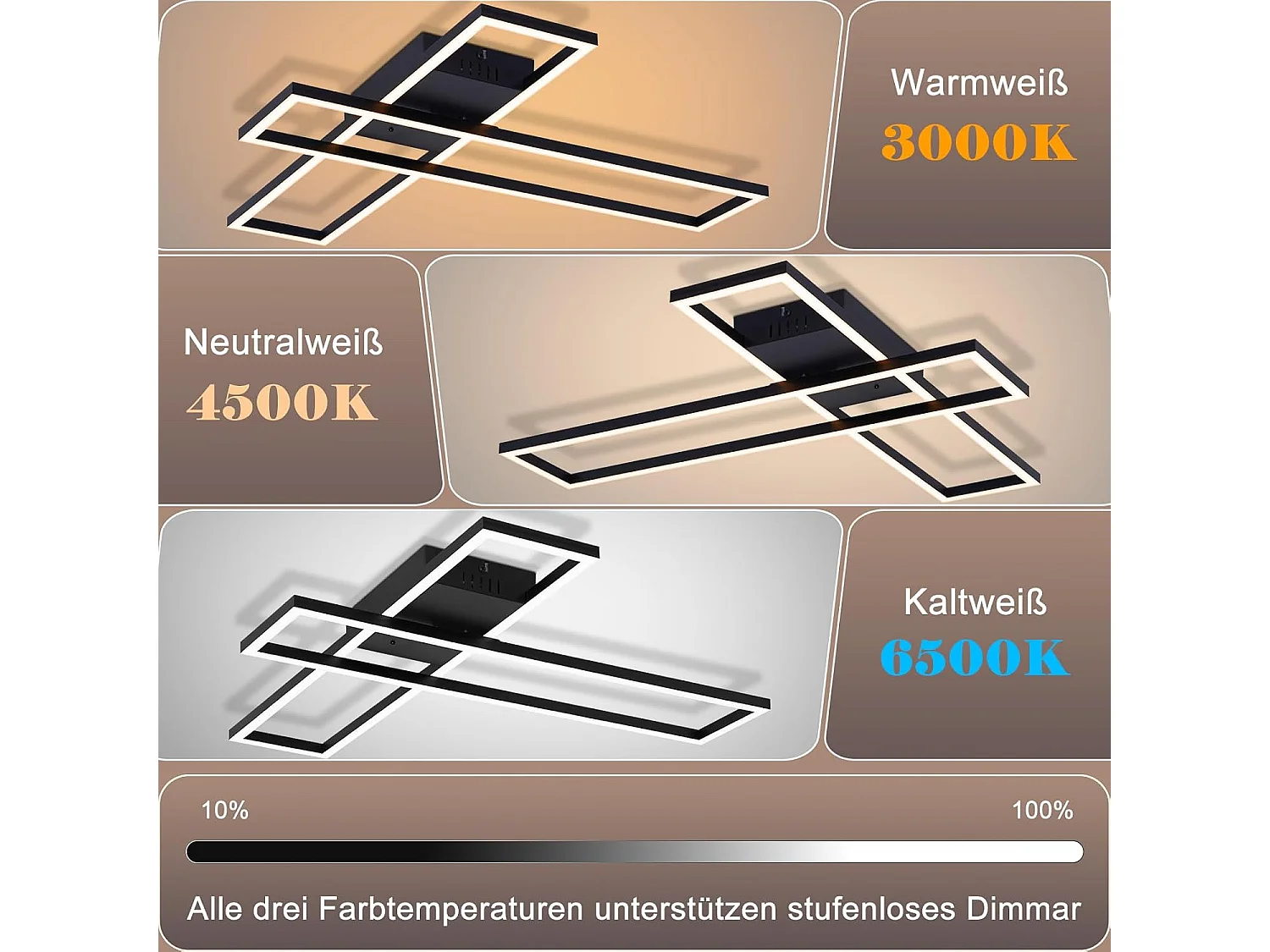NETTLIFE 42W LED-Deckenleuchte, schwarz, modern, stufenlos dimmbar, rechteckiges Design, für Wohnzimmer, Schlafzimmer, Küche oder Büro