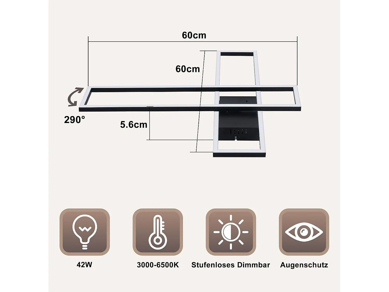 NETTLIFE 42W LED-Deckenleuchte, schwarz, modern, stufenlos dimmbar, rechteckiges Design, für Wohnzimmer, Schlafzimmer, Küche oder Büro