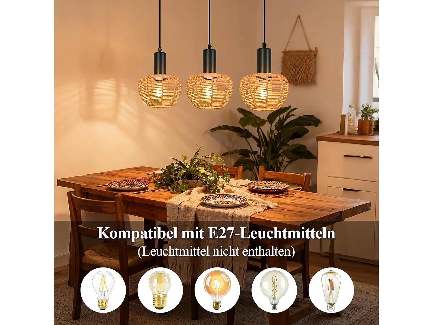 Nettlife Boho Rotan Hanglamp met 3 Lampen - Vintage Gevlochten Hennep Touw Kroonluchter E27 - Keuken/Eetkamer Verlichting (Lampen Niet Inbegrepen)