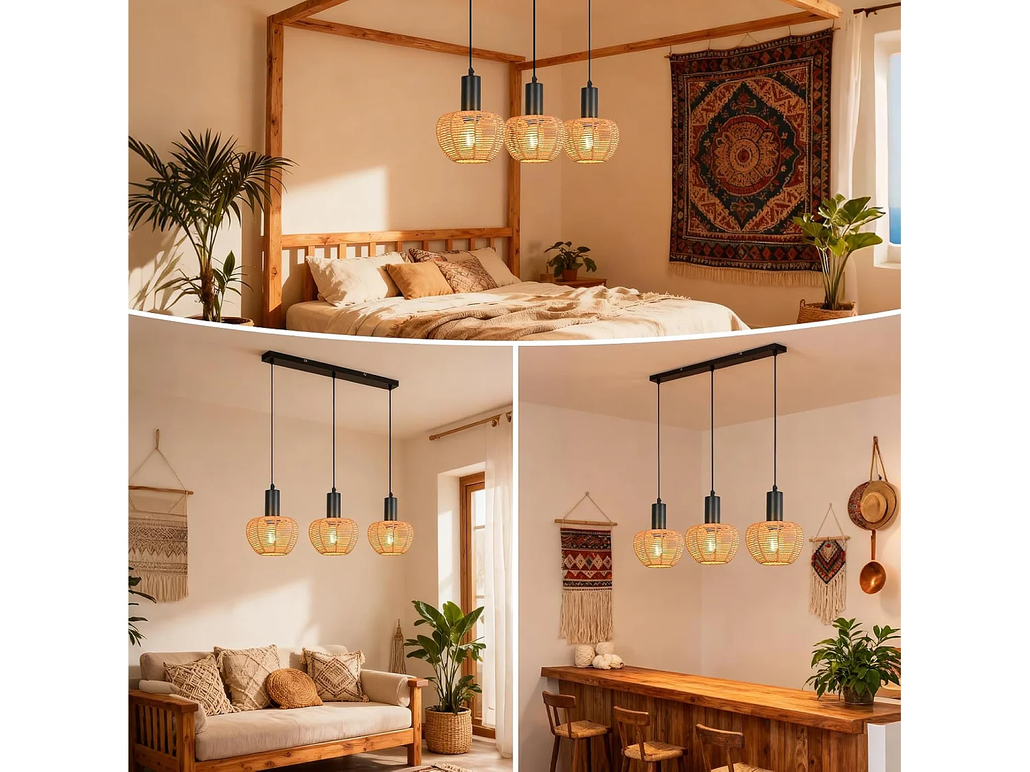 Nettlife Boho Rotan Hanglamp met 3 Lampen - Vintage Gevlochten Hennep Touw Kroonluchter E27 - Keuken/Eetkamer Verlichting (Lampen Niet Inbegrepen)