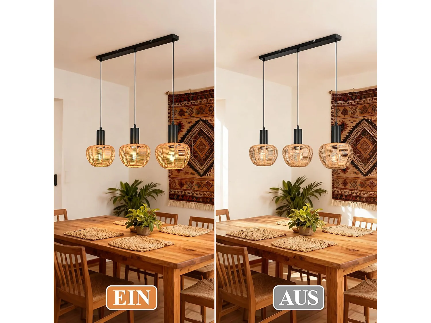 Nettlife Boho Rotan Hanglamp met 3 Lampen - Vintage Gevlochten Hennep Touw Kroonluchter E27 - Keuken/Eetkamer Verlichting (Lampen Niet Inbegrepen)
