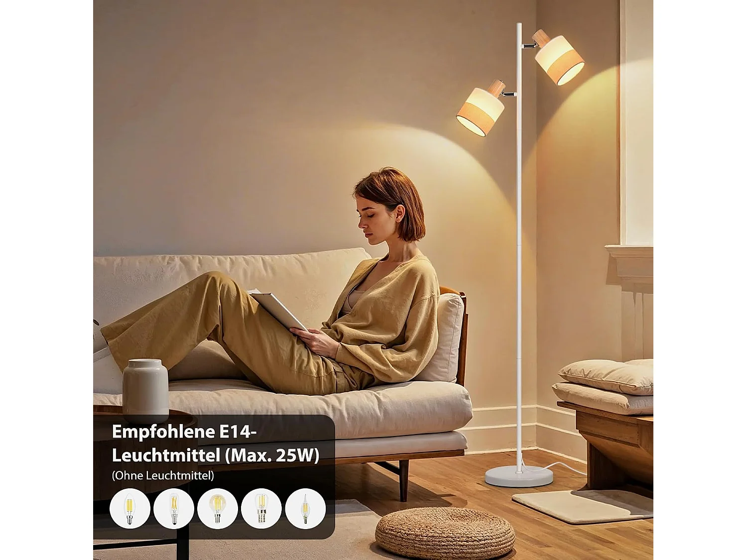 Nettlife Lampadaire Vintage Bois 2 Ampoules E14 - Rétro, Abat-jour Tissu, Rotatif, Interrupteur à Pied pour Salon Chambre (Sans Ampoules)