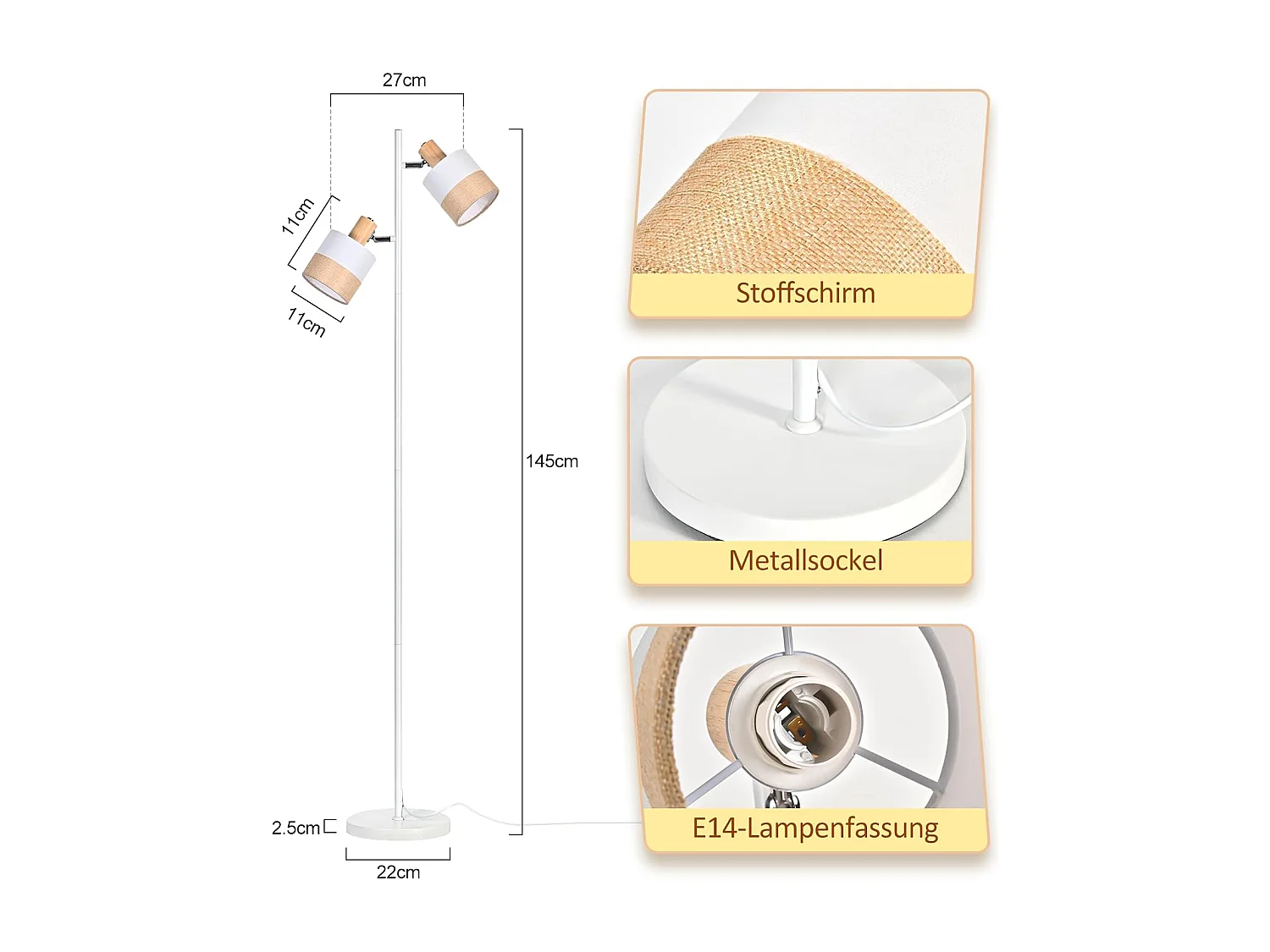 Nettlife Lampadaire Vintage Bois 2 Ampoules E14 - Rétro, Abat-jour Tissu, Rotatif, Interrupteur à Pied pour Salon Chambre (Sans Ampoules)