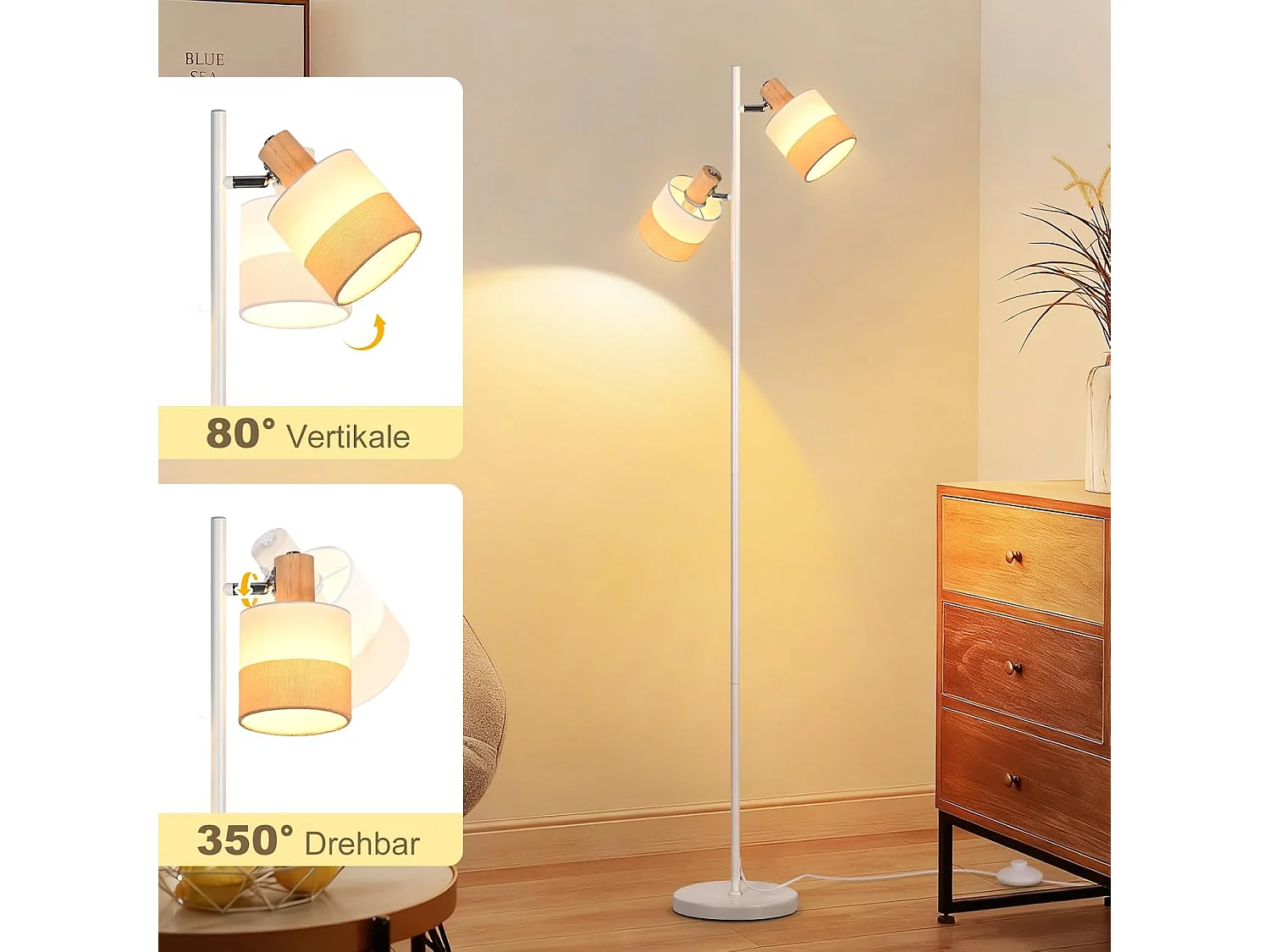 Nettlife Lampadaire Vintage Bois 2 Ampoules E14 - Rétro, Abat-jour Tissu, Rotatif, Interrupteur à Pied pour Salon Chambre (Sans Ampoules)