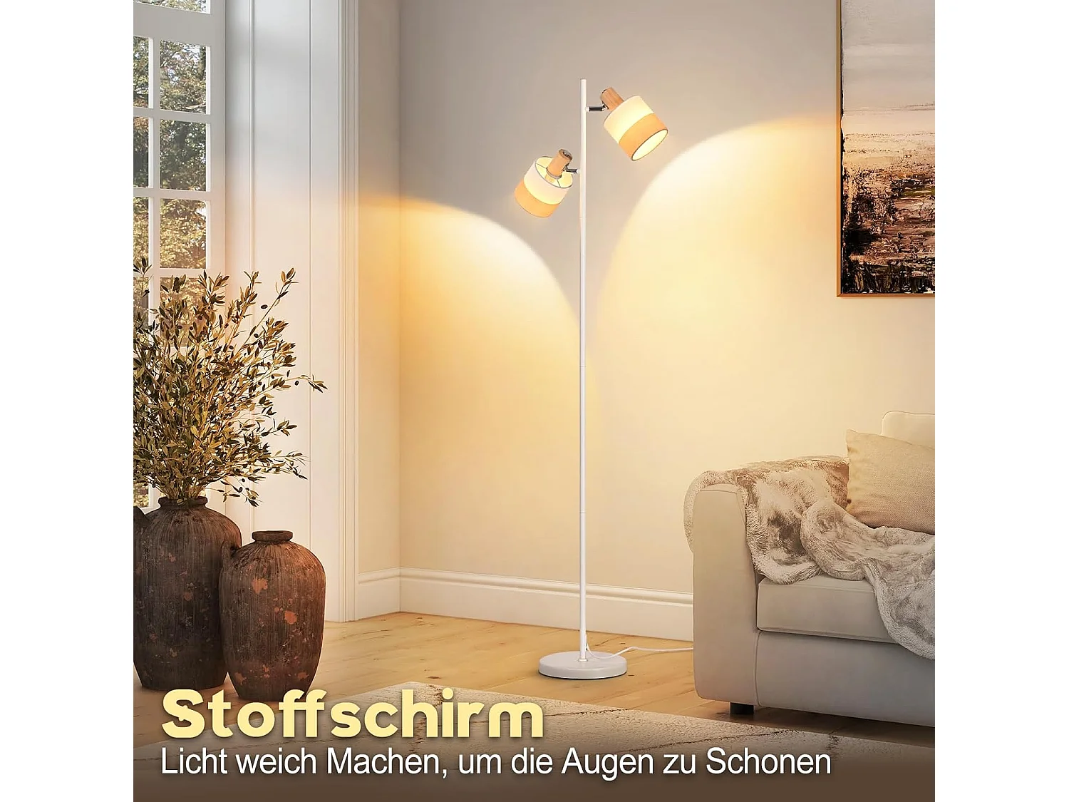 Nettlife Lampadaire Vintage Bois 2 Ampoules E14 - Rétro, Abat-jour Tissu, Rotatif, Interrupteur à Pied pour Salon Chambre (Sans Ampoules)