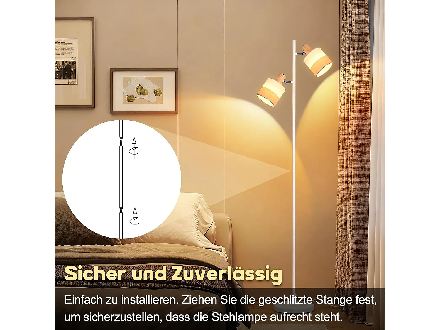 Nettlife Lampadaire Vintage Bois 2 Ampoules E14 - Rétro, Abat-jour Tissu, Rotatif, Interrupteur à Pied pour Salon Chambre (Sans Ampoules)