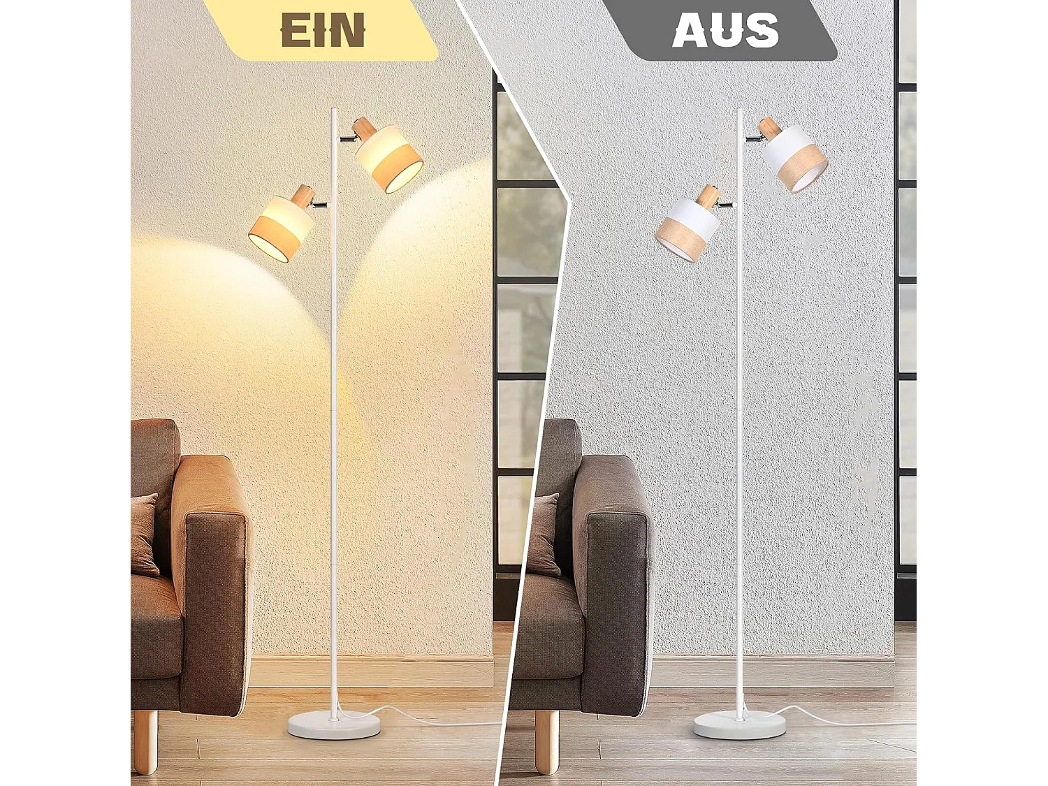 Nettlife Lampadaire Vintage Bois 2 Ampoules E14 - Rétro, Abat-jour Tissu, Rotatif, Interrupteur à Pied pour Salon Chambre (Sans Ampoules)